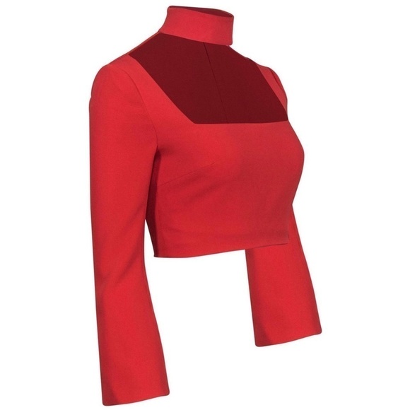 NWT CINQ SEPT 90s Mockneck Choker Cutout Square Neck Long Bell Sleeve Crop Top 2 - Picture 5 of 12